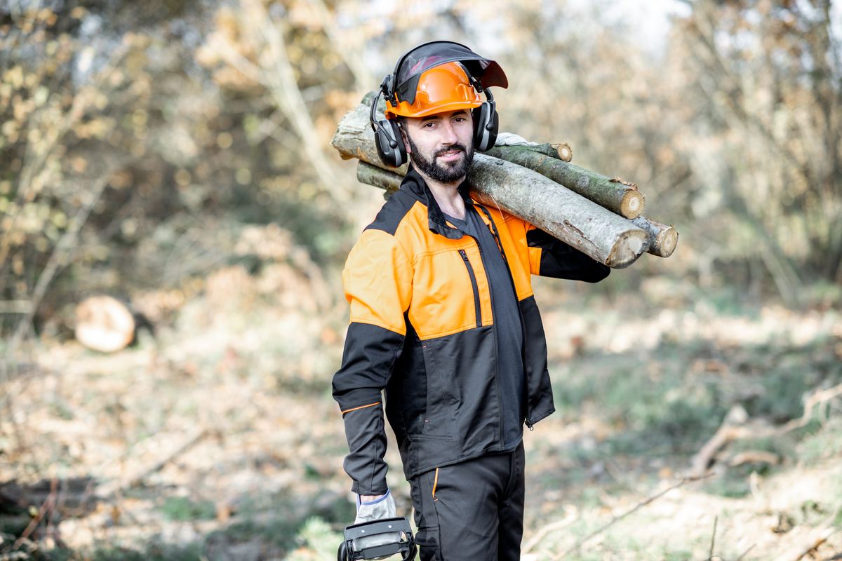 Forestry worker carrying logs on a remote site